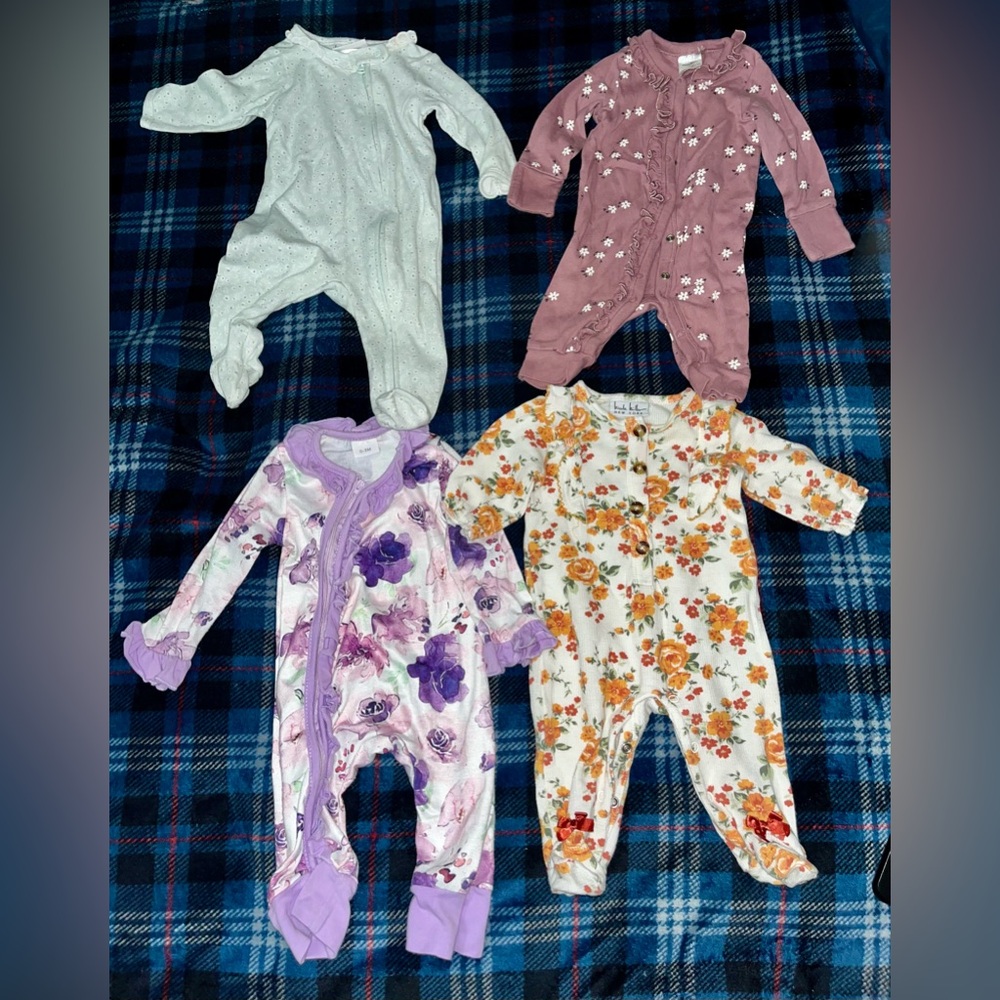 Baby girl Floral and Solid Footies - Purple, White, Orange, Light Green
